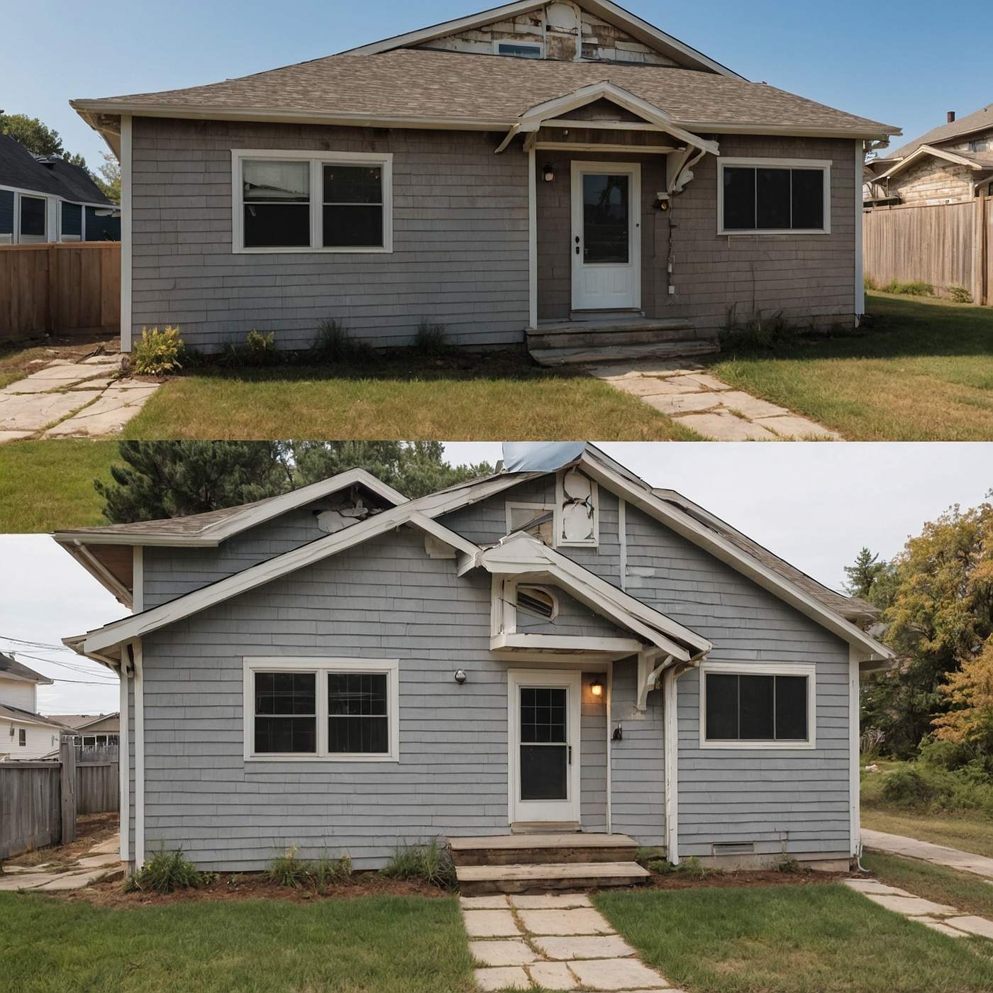 Before and after comparison showing transformation from old weathered siding to new vinyl