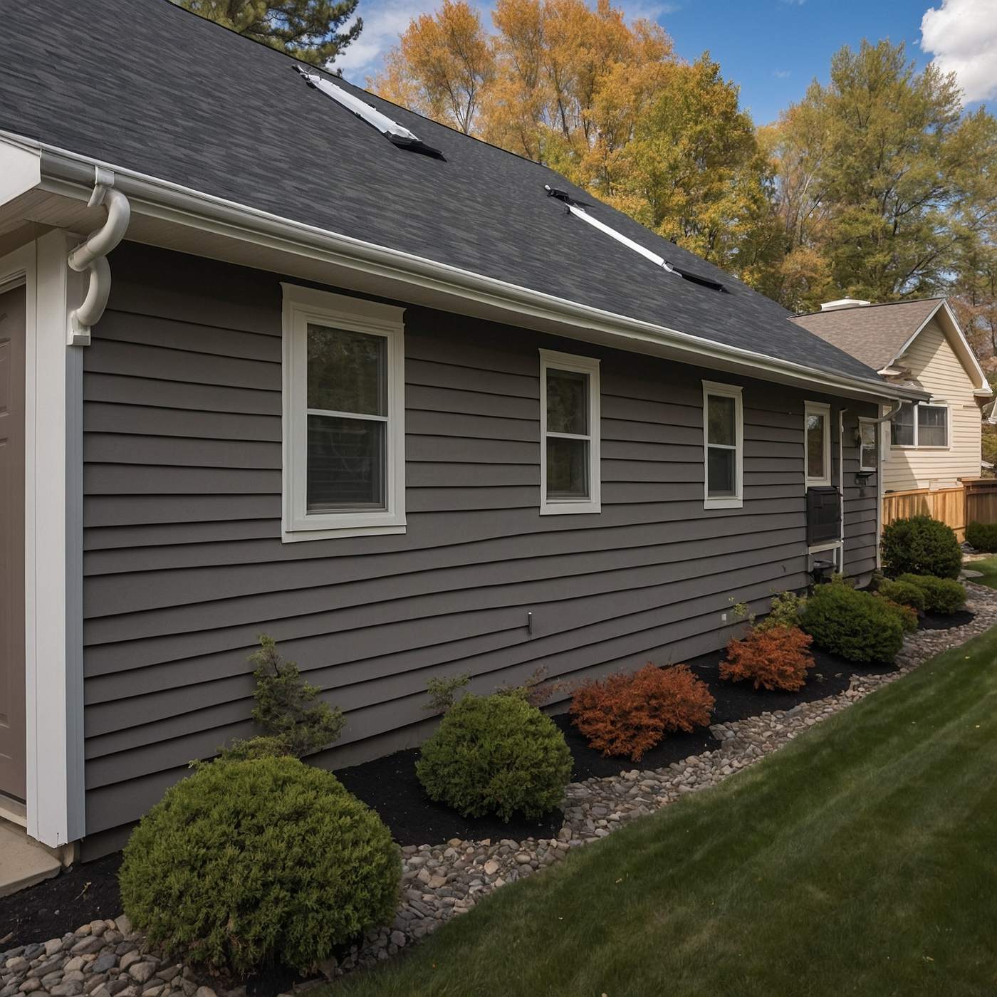 Completed residential home exterior with new siding and gutter system installation
