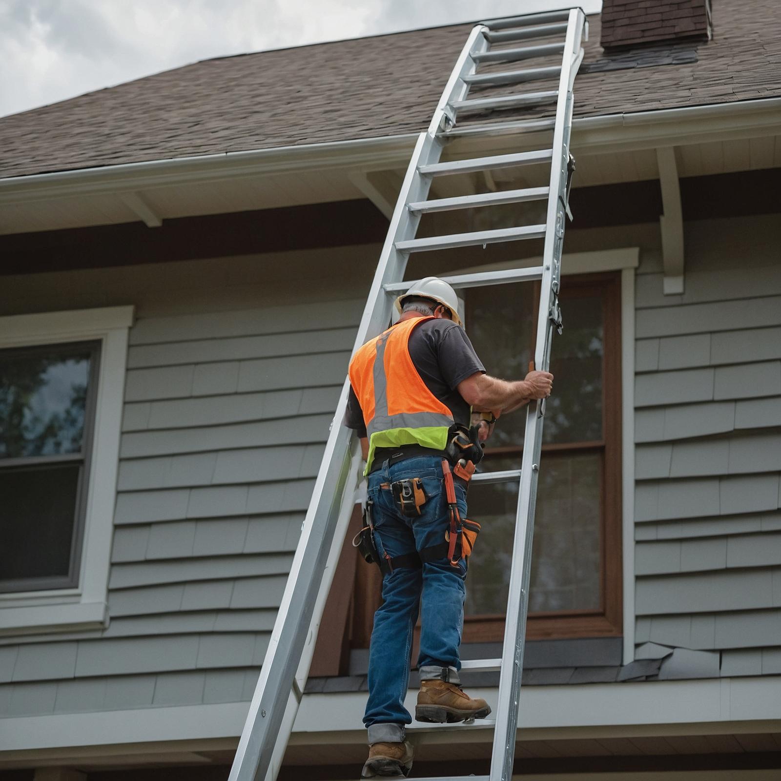 Experienced roofing contractor on ladder inspecting residential roof and gutters during installation