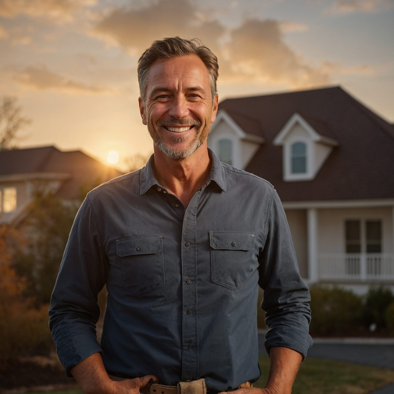 Homeowner standing in front of newly completed roofing project