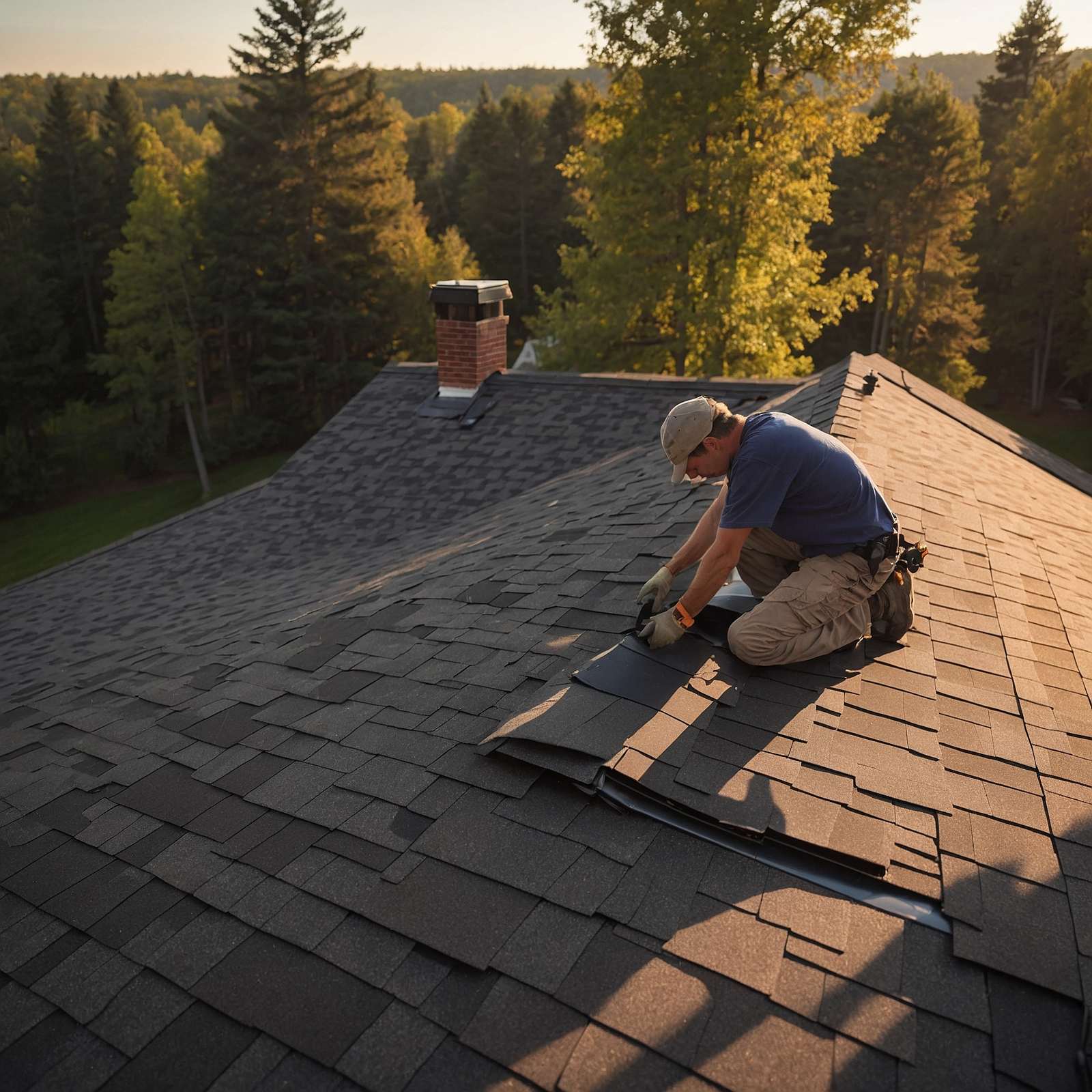 Professional roofing contractor installing new asphalt shingles on residential roof with proper materials and technique