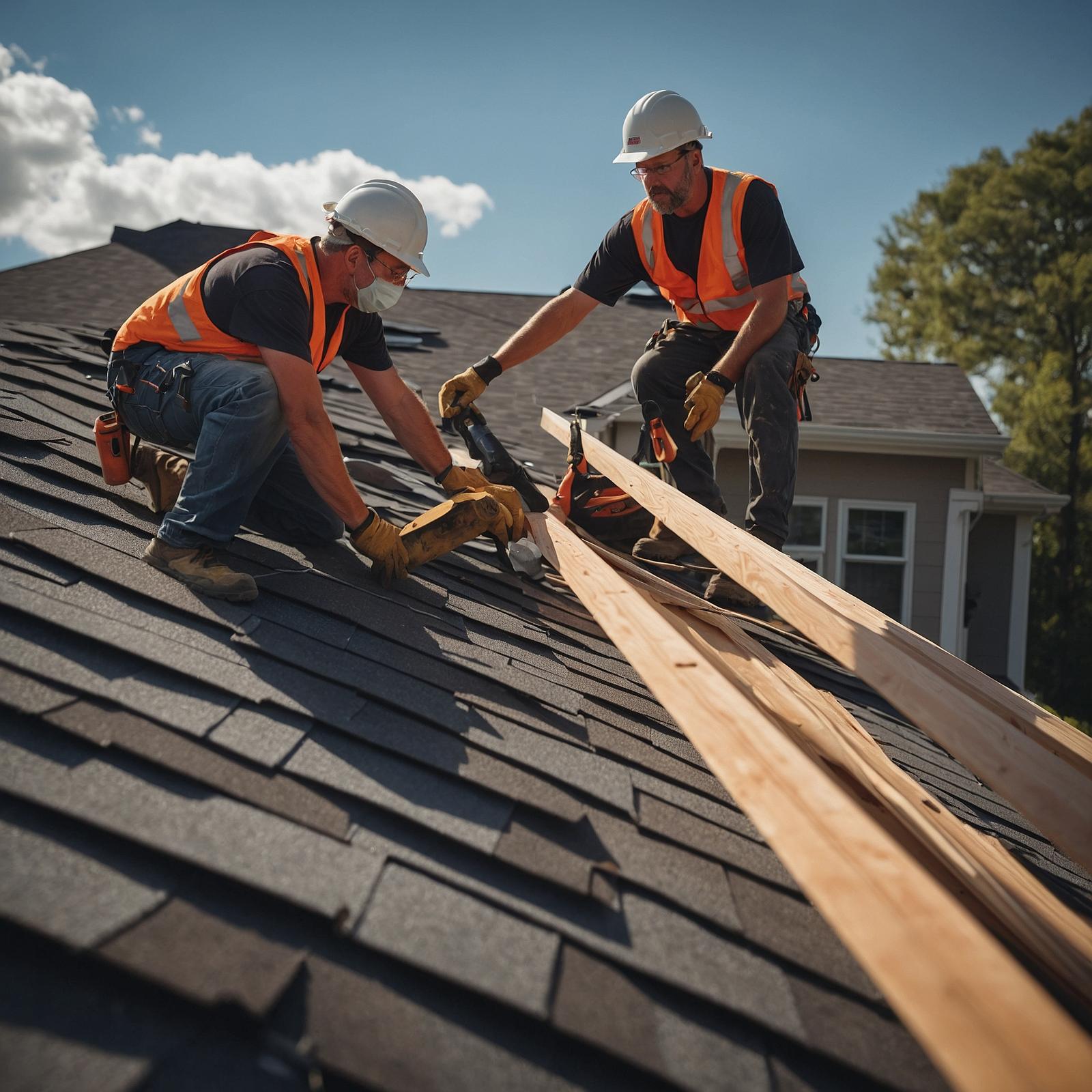 Roofing team working on residential installation with proper safety equipment